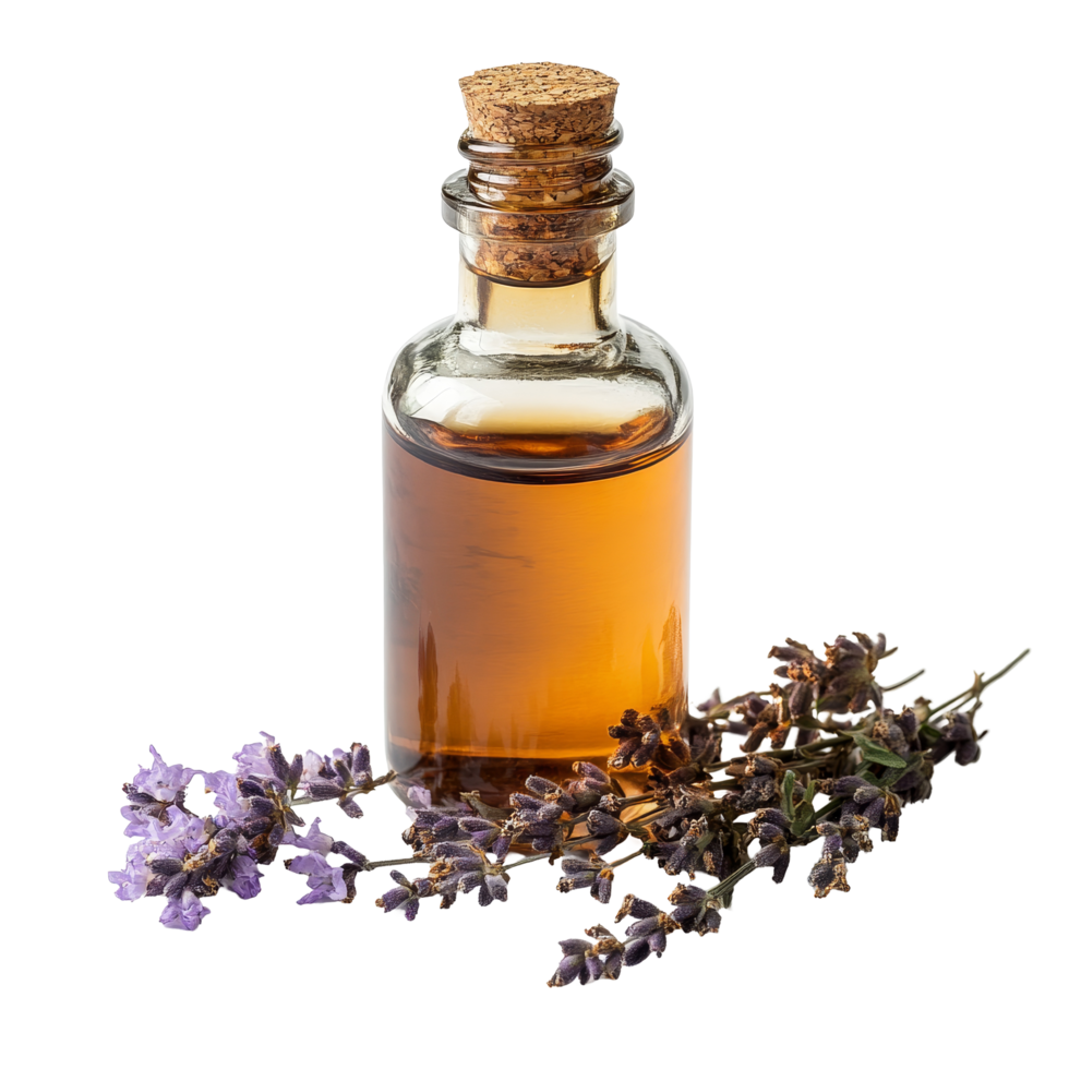 Lavender essential oil in a glass bottle beside fresh lavender flowers on a light background, Essential oil isolated png