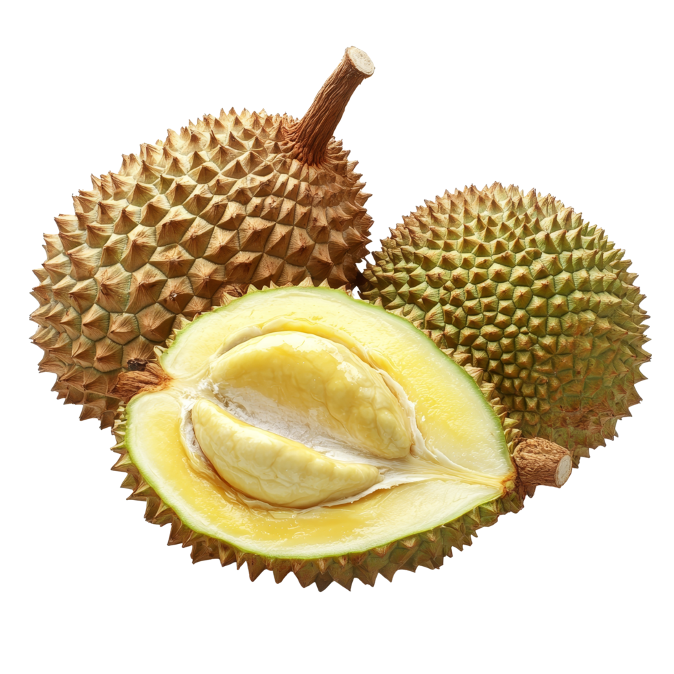 Fresh durian fruit split open on a transparent background showcasing its creamy flesh and spiky exterior, Durian on transparent backgroundfile png