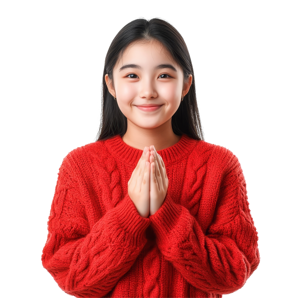 Cute Asian girl in a red knitted sweater smiles with hands together, radiating joy in a bright setting, Happy cute Asian girl wear red warm knitted sweater make a wish isolated transparent background png