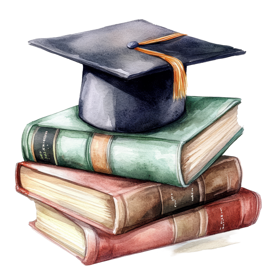 Watercolor academic cap resting on a stack of colorful books in a scholarly arrangement for graduation celebration, academic cap with books transparent background png
