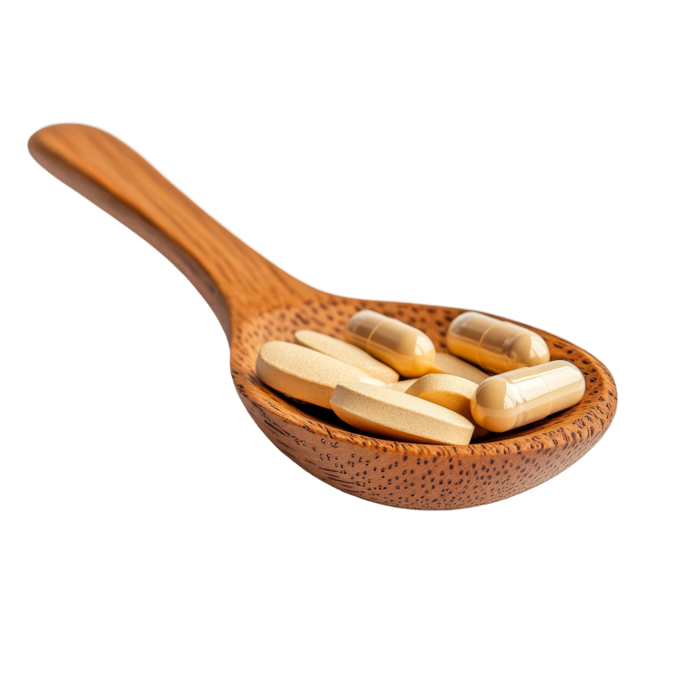 Pills in wooden spoon on a transparent background highlighting natural health and wellness remedies, pills in wood spoon on transparent background png