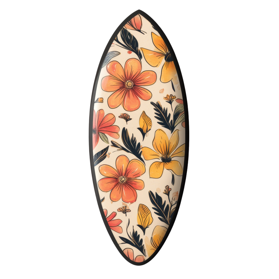 Retro floral surfboard featuring vibrant patterns against a simple transparent background, perfect for beach activities, surf board with retro pattern transparent background png