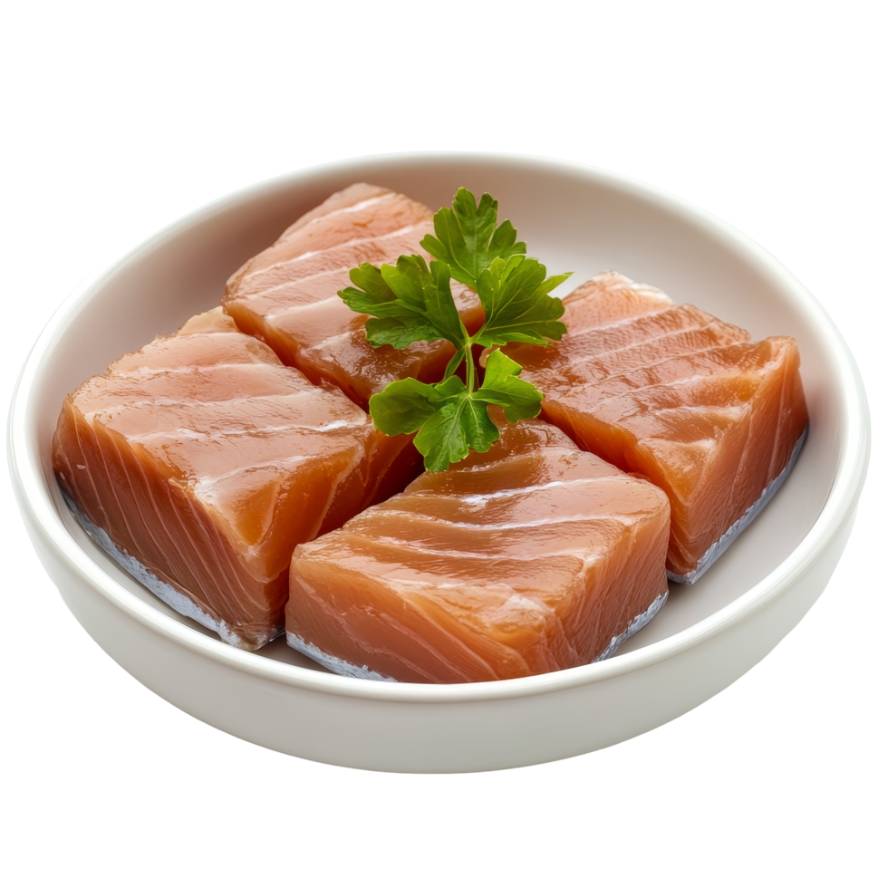 Fresh canned tuna fish cubes garnished with parsley on a transparent plate against a clean background, Canned tuna fish in plate on transparent background png
