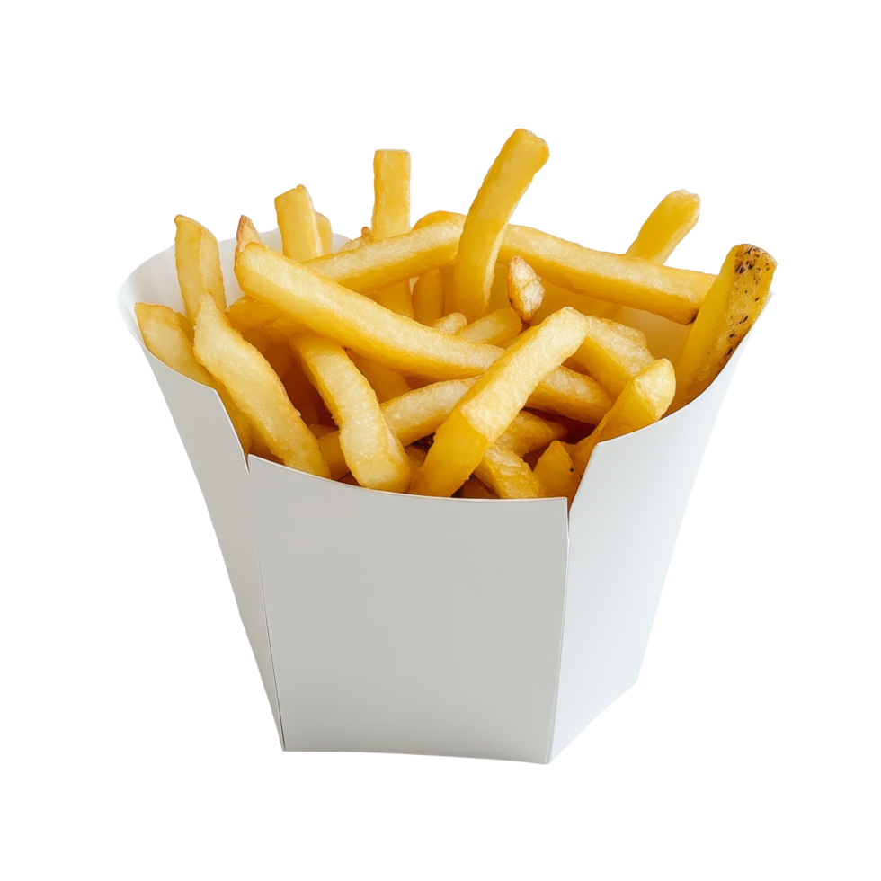 Freshly cooked French fries served in a classic transparent paper box on a light background, French fries in a transparent paper box png