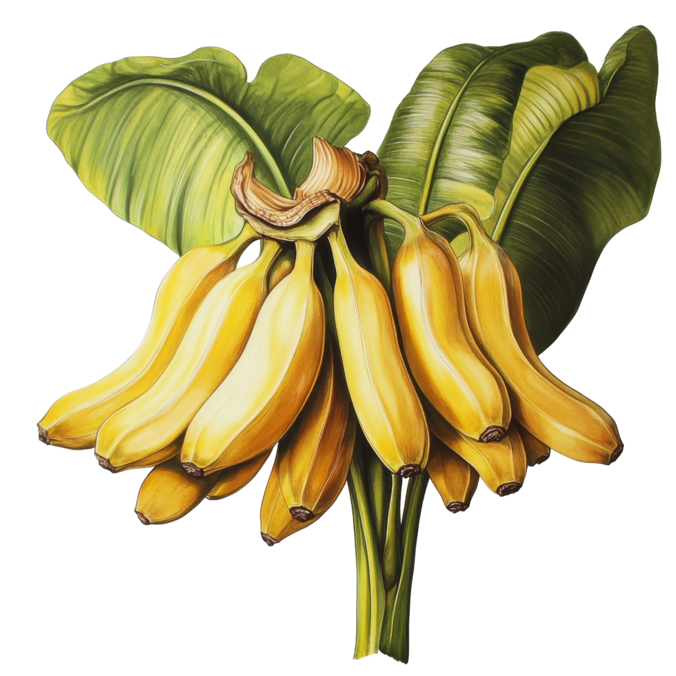 A vibrant bunch of ripe bananas with lush green leaves on a clean transparent background, banana bunch on transparent backgroundfile png