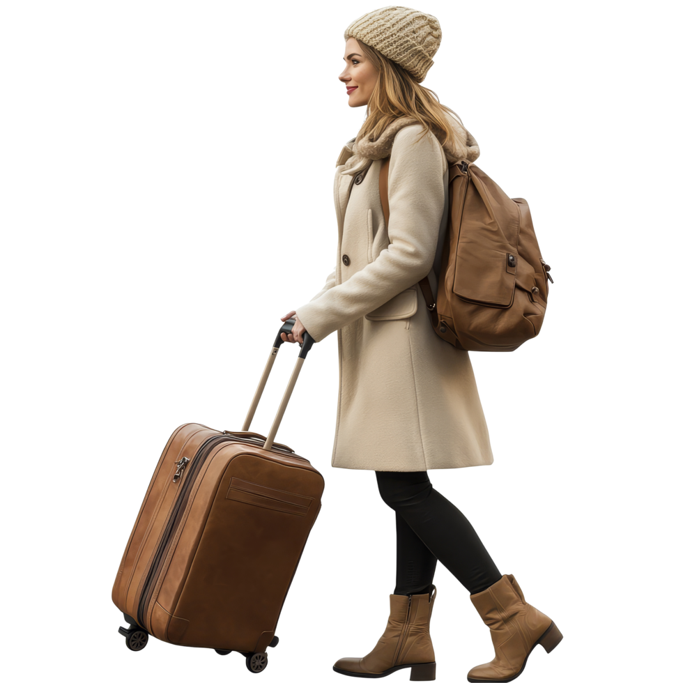 Fashionable woman traveling with stylish luggage during winter in a modern urban setting, file no background Fashionable woman traveling and pulling a trolley bag png