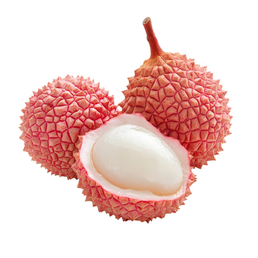 Fresh lychee fruit isolated on a plain transparent background showcasing its unique texture and juicy transparent flesh, Lychee isolated in transparent background format png