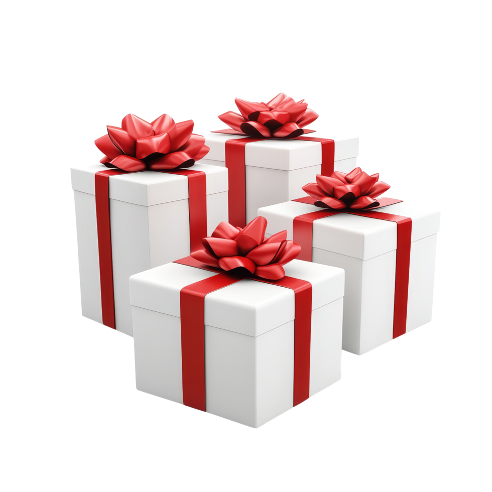 transparent gift boxes with red bows arranged on a clean transparent background for special occasions and celebrations, Red opened gift box with group of transparent gift boxes isolated on transparent png