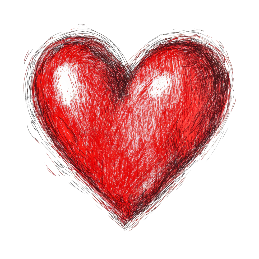 A vibrant red handdrawn heart sketch on a clean transparent background celebrating love and affection, red hand drawn scetch heart isolated on transparent background png