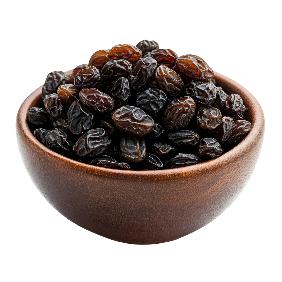 A bowl of nutritious raisins isolated on a clean transparent background for healthy snacking, Bowl of raisin isolated png