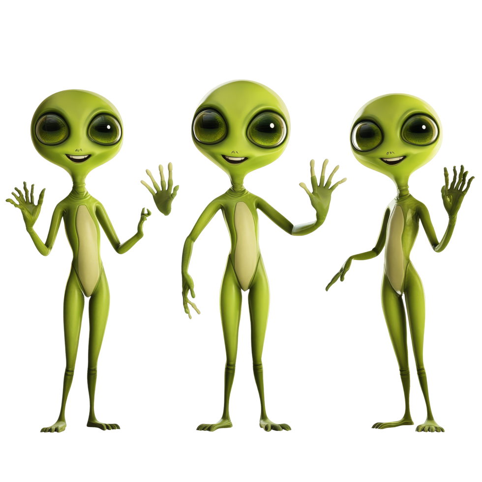 Three cheerful alien characters waving joyfully on a transparent background in a whimsical setting, Alien Characters Waving on transparent background png