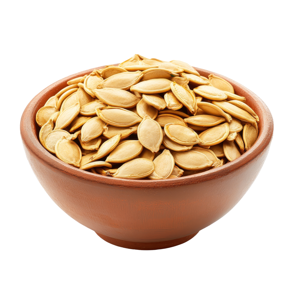 A natural bowl of roasted pumpkin seeds isolated on a transparent background ready for snacking or cooking, Pumpkin seeds in a bowl isolated on transparent background png