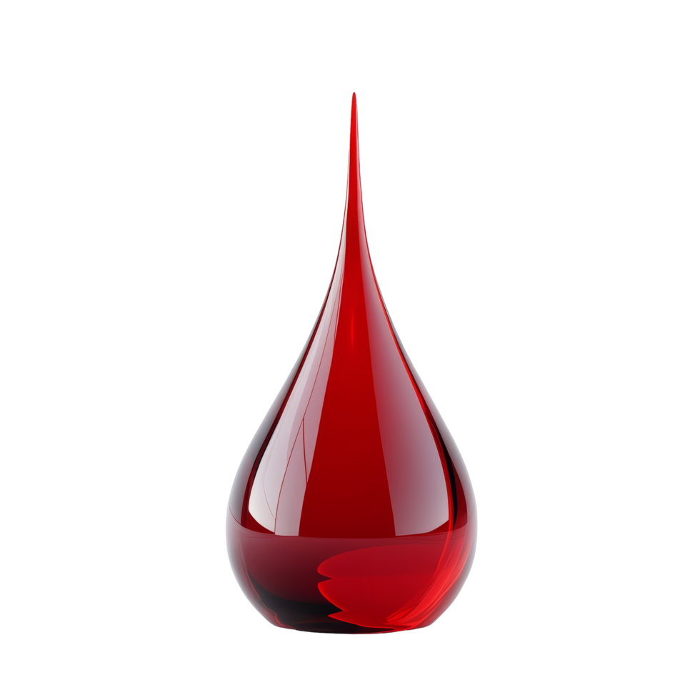 A vibrant red liquid droplet on a minimal transparent background showing smooth contours and light reflections, red liquid droplet transparent background png