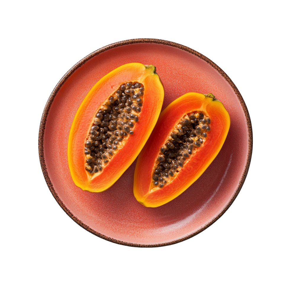 Freshly cut papaya halves on a vibrant plate isolated against a clean transparent background, papaya in a plate isolated on transparent background png