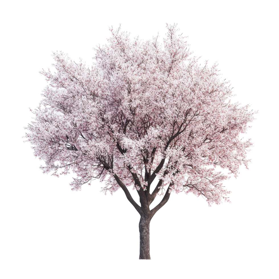 A beautiful cherry tree in full bloom stands alone against a bright transparent background, showcasing delicate pink flowers and a sturdy trunk, Cherry tree isolated transparent backgroundGenerative png