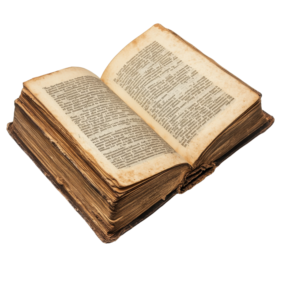 An antique book opened to display worn pages with text in an isolated setting on a transparent background, open old book with text, file of isolated object with shadow on transparent background png