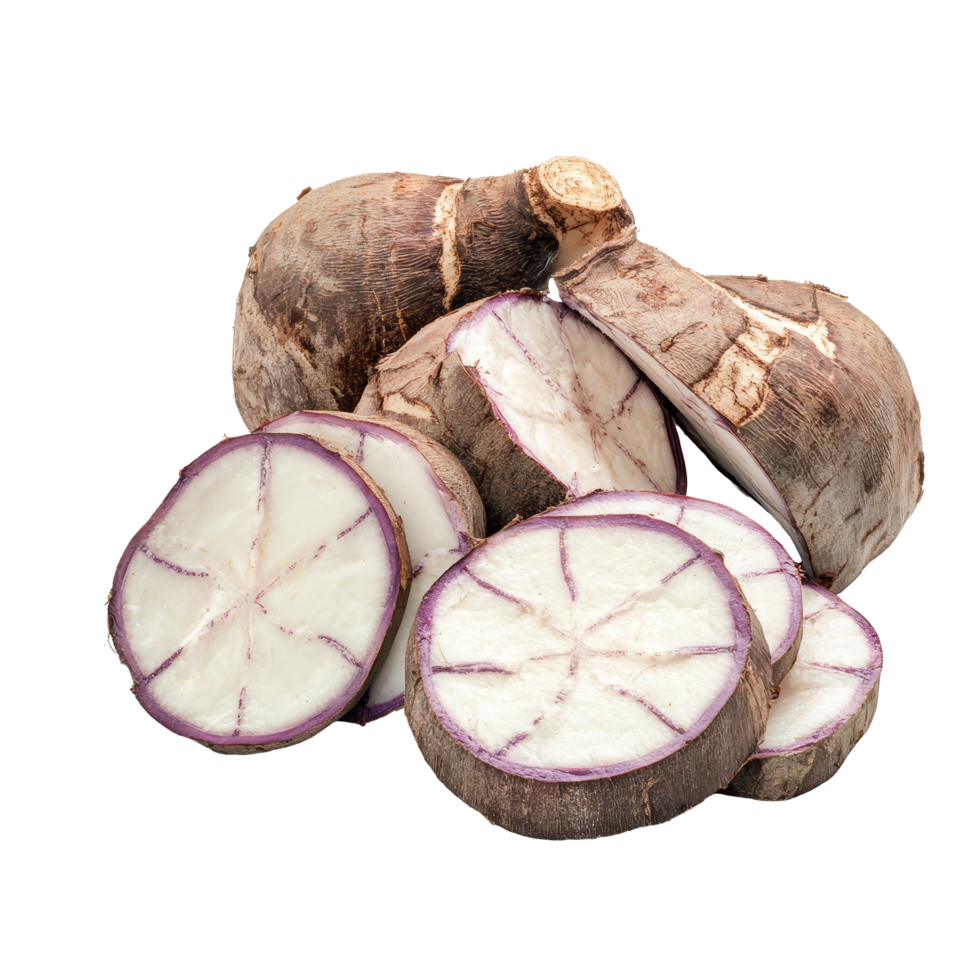 Sliced taro root isolated on a transparent background showcasing its unique texture and color variations, taro sliced isolated on transparent background png