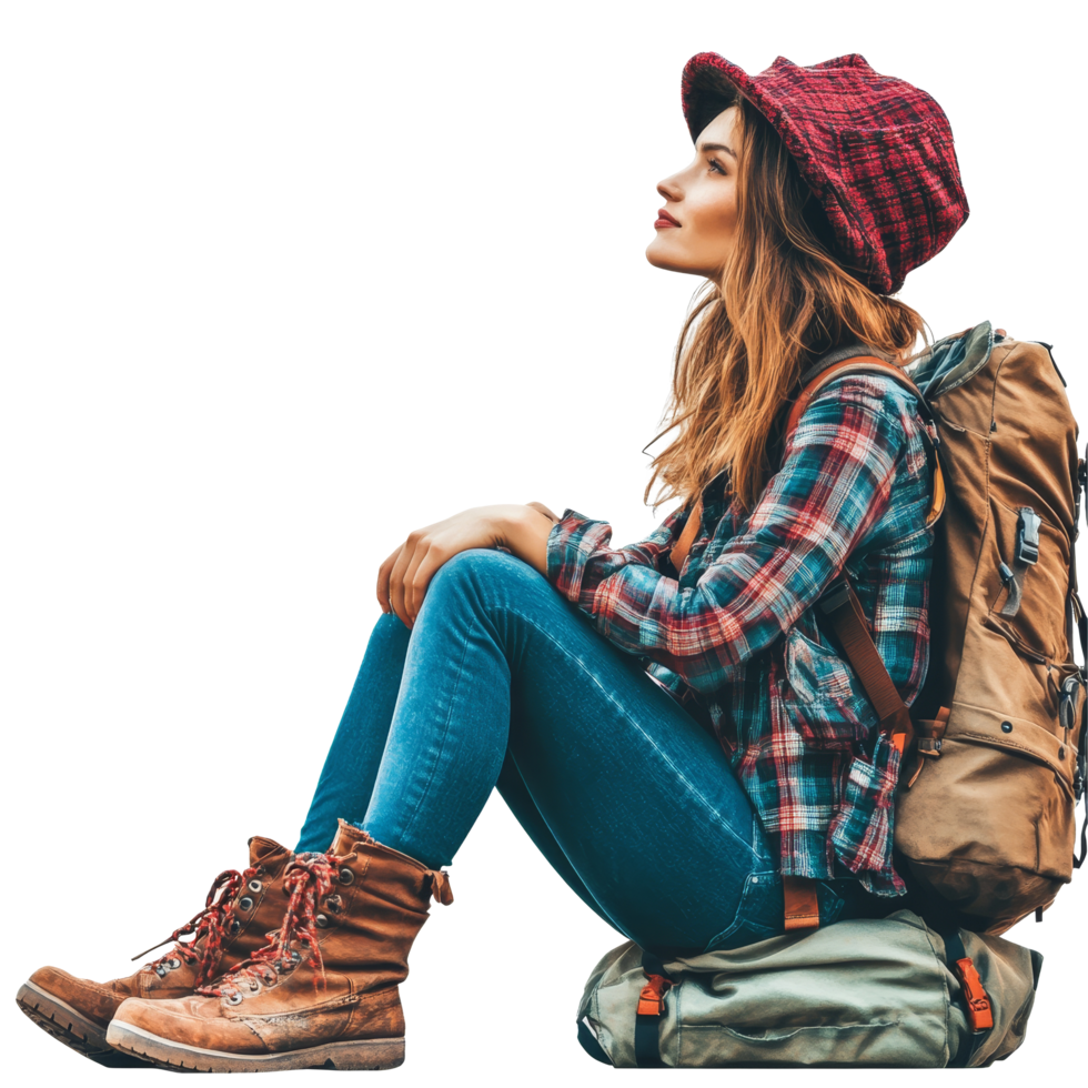 Traveler woman sitting on a backpack, enjoying a moment of reflection during her outdoor adventure in nature, file no background Traveler woman sitting and taking a break png