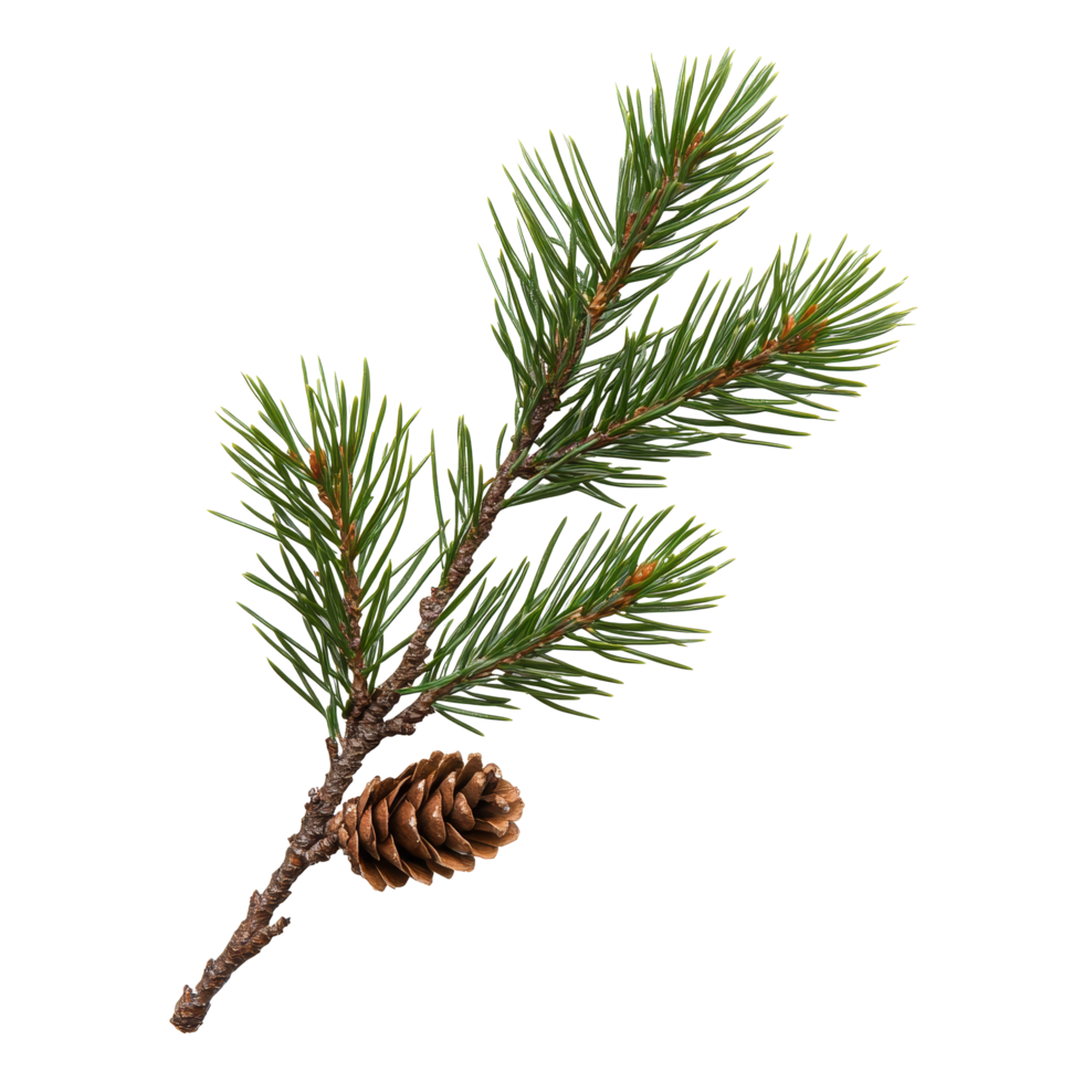 A closeup view of a pine branch showcasing vibrant needles and a detailed pine cone, pine branch with needles and conesfile of isolated object on transparent background png