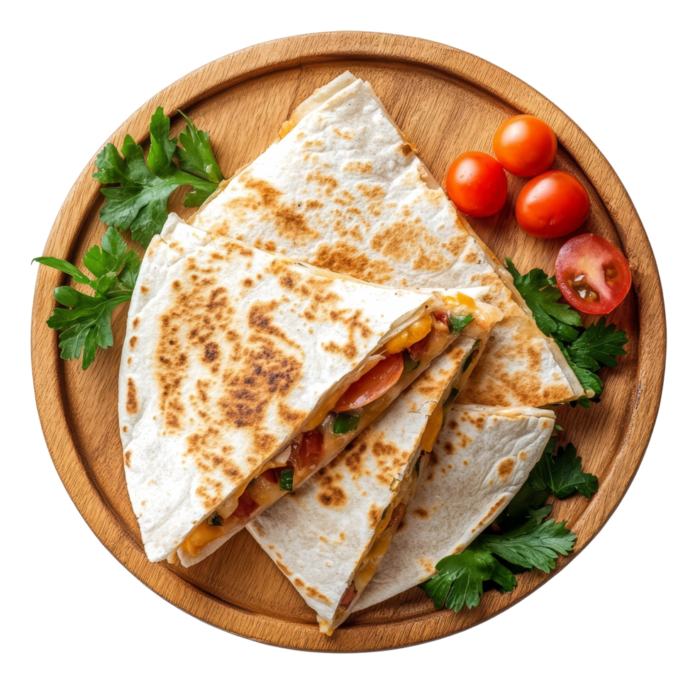 Delicious quesadilla served on a wooden plate with fresh herbs and cherry tomatoes, perfect for a tasty meal or snack, quesadilla on wooden plate, top view, isolated transparent background png