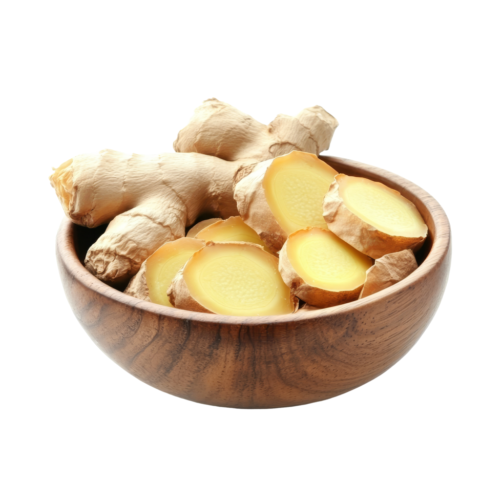 Fresh ginger root and slices arranged in a wooden bowl on a clean transparent background ready for culinary use, Fresh ginger with slices in wood bowl on transparent background png
