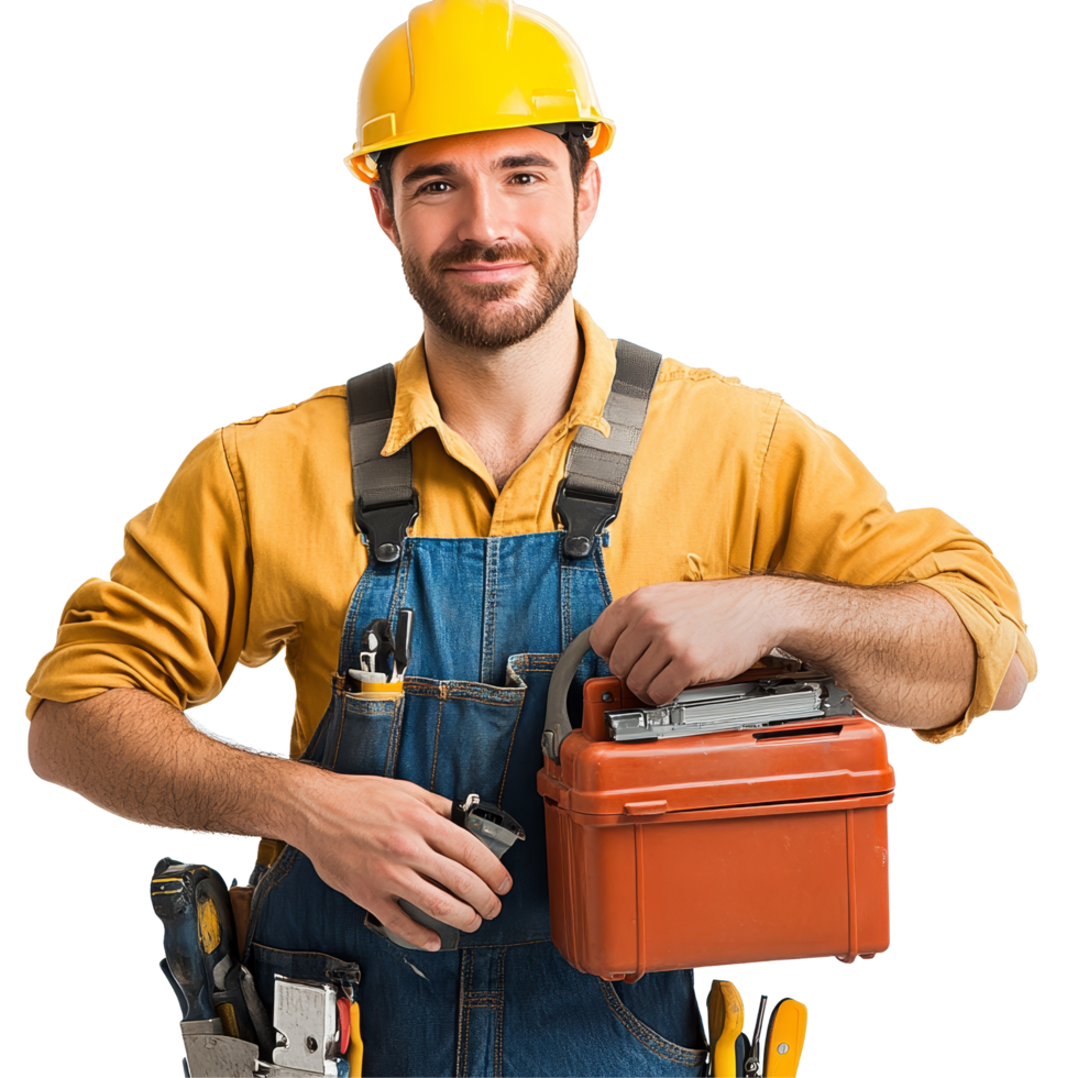 Professional plumber stands ready for service with tools in hand and a toolbox in a bright yellow hard hat, Professional service online plumber and repairman png