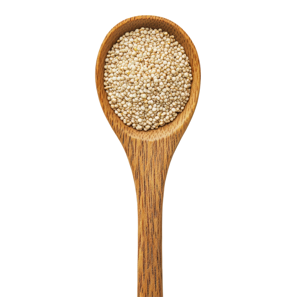 Quinoa grains in a wooden spoon resting on a clean transparent background, highlighting natural food textures and colors, Quinoa in a wood spoon on transparent background png