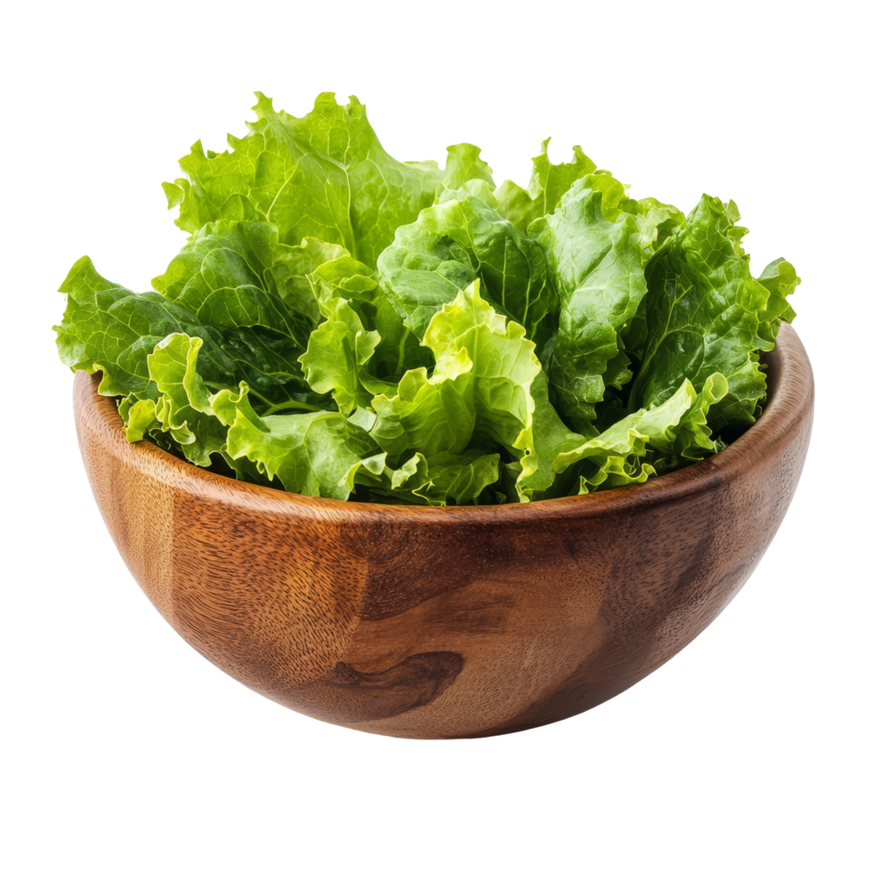 Fresh green lettuce leaves in a wooden bowl isolated on a clean transparent background for healthy eating, Lettuce leaves in wood bowl isolated on transparent background png