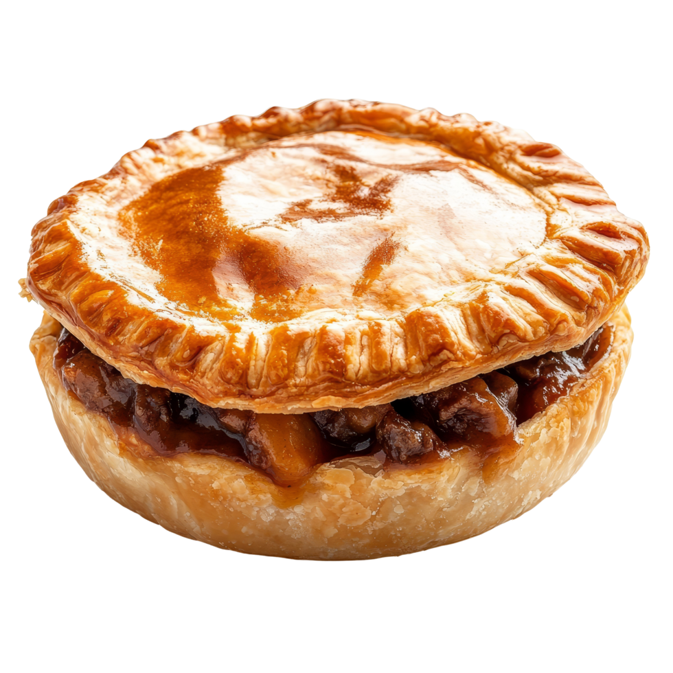 Delicious freshly baked meat pie with golden crust on a clean transparent background ready for serving, Fresh tasty meat pie on a transparent background png