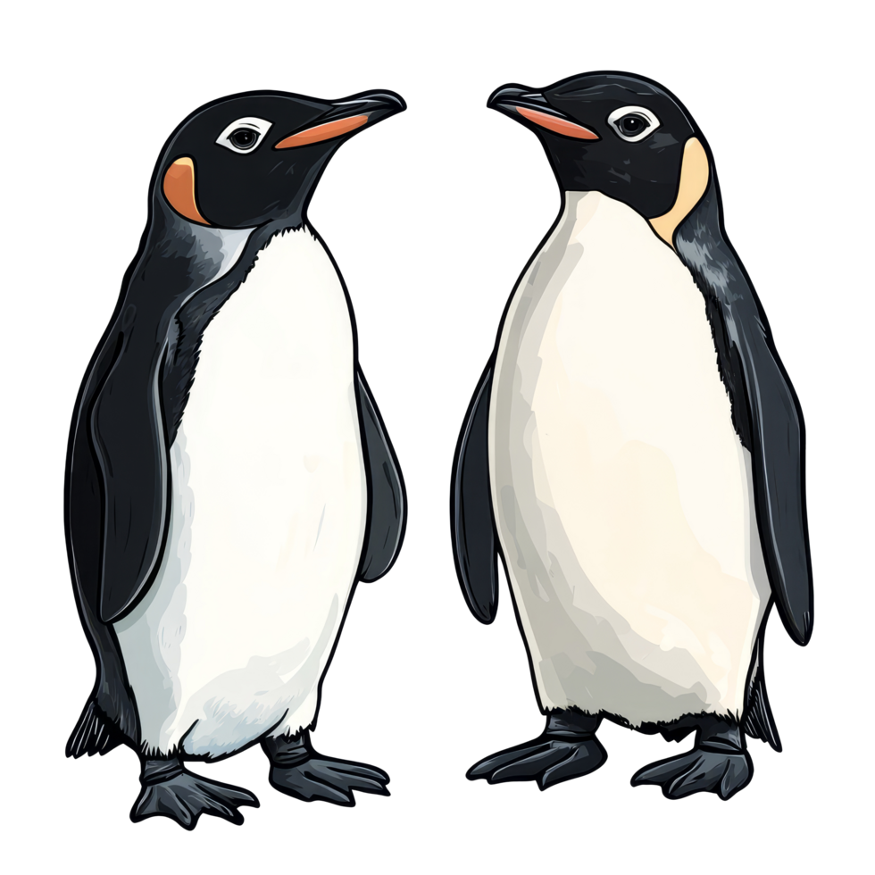 Two cartoon penguins illustrated on a transparent background, showcasing their distinctive features and postures, penguins illustrationisolated on a transparent background png