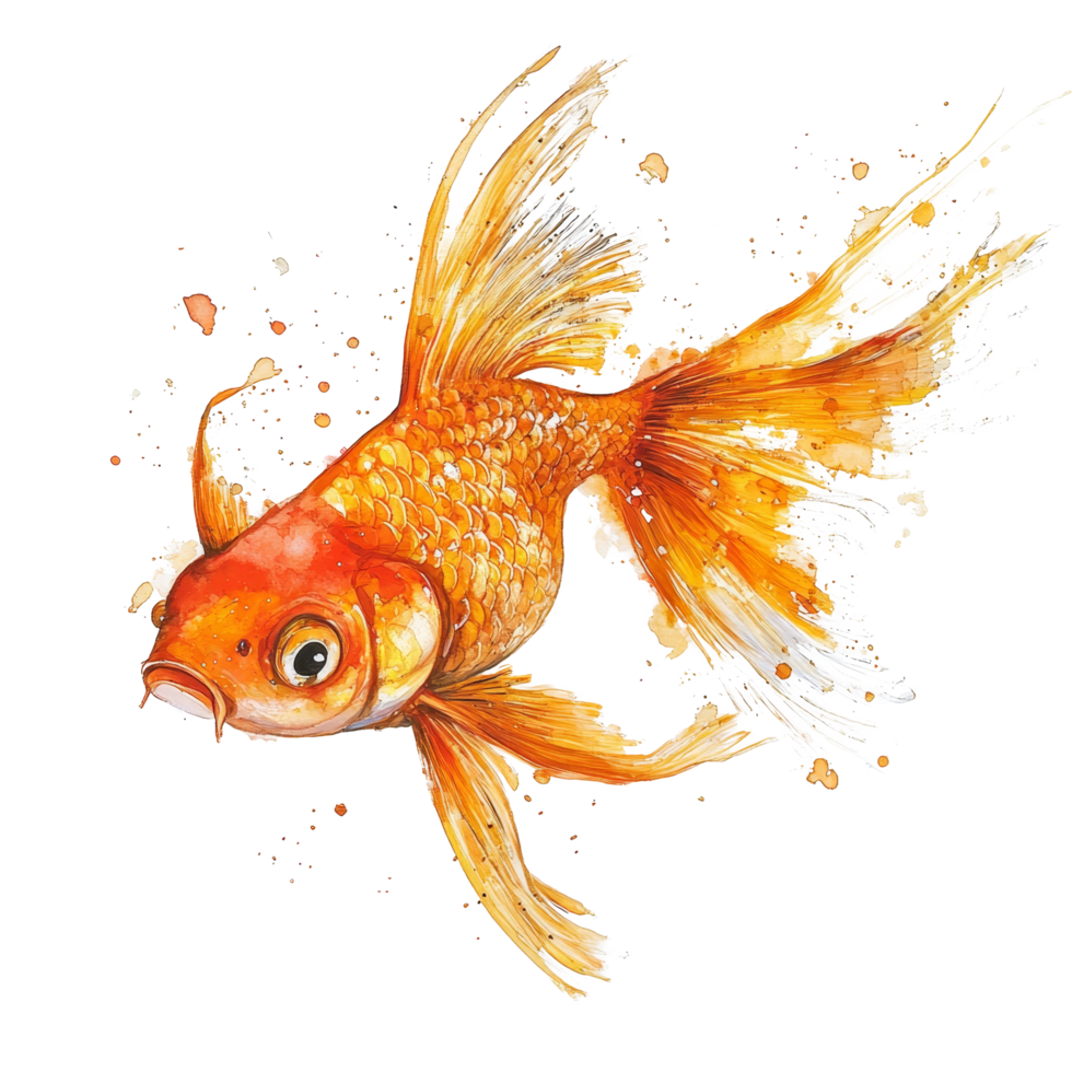 A vibrant goldfish gracefully swimming on a clean transparent background with splashes of color, gold fish on transparent background png
