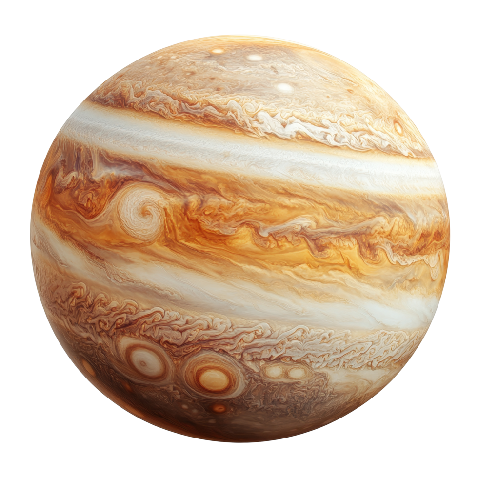 Jupiter planet with distinct bands and storms isolated on a clean transparent background for educational use, jupiter planet isolated on transparent background png