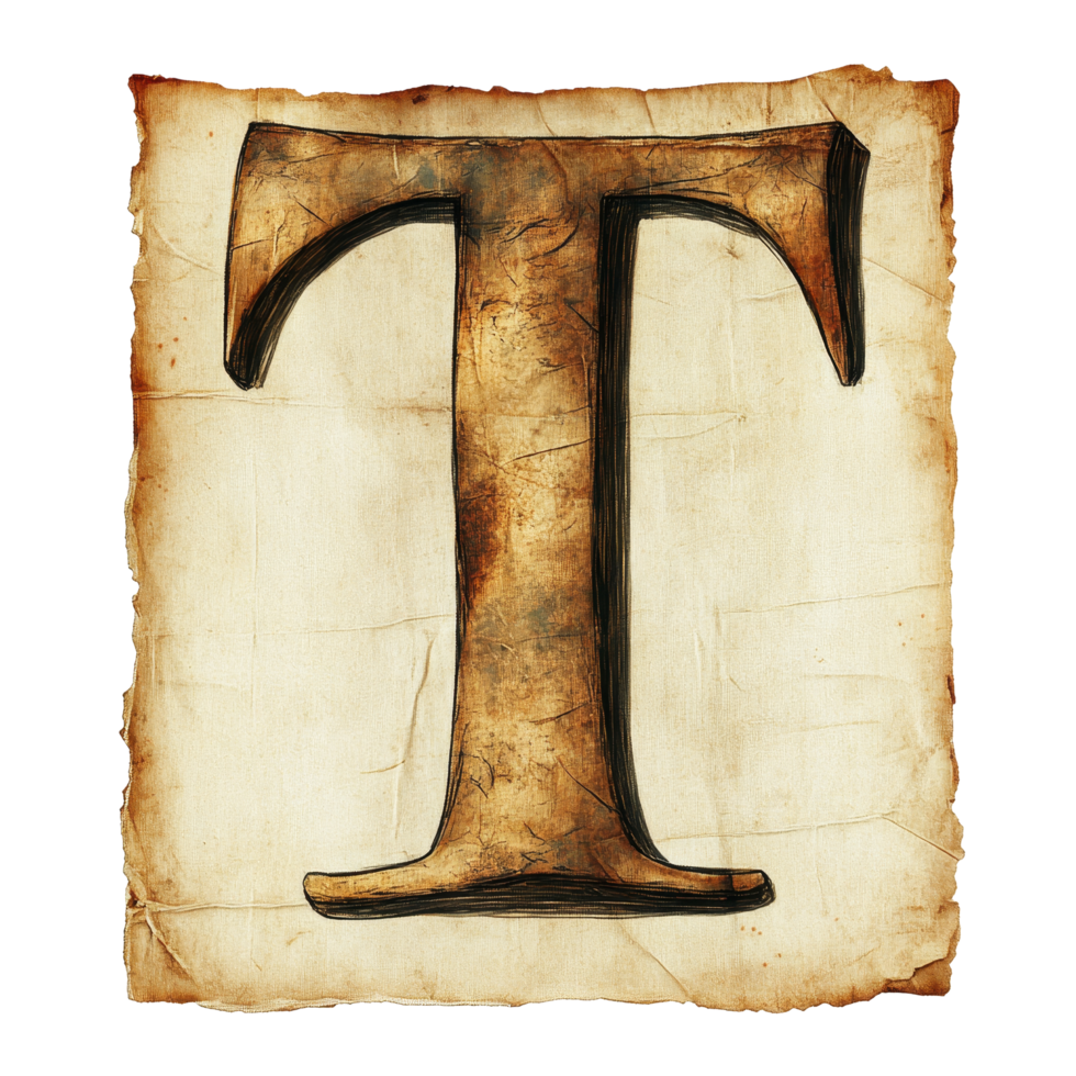 The letter T stylized on textured paper showcasing its artistic representation and unique design elements suitable, consonant letter a is used to make words on transparent backgroundfile png