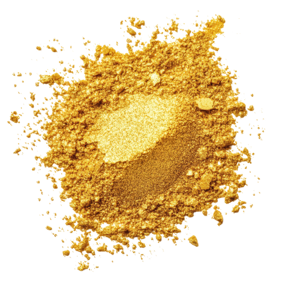 Isolated gold powder on a bright transparent background showcasing its fine texture and vibrant color, Gold powder isolated on transparent background. Gold powder transparent background png