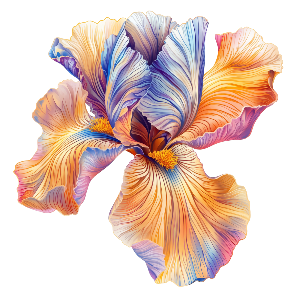 Vibrant iris flower with intricate petals displayed against a clean transparent background, vibrant iris in style, isolated on a transparent background for design layouts png