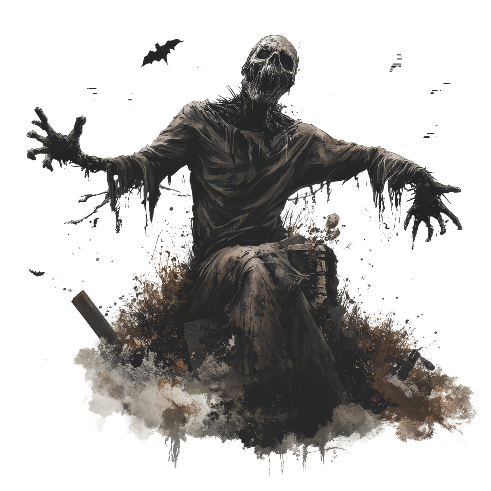 A zombie rises from its grave with outstretched arms surrounded by bats under a moonlit sky, Zombie Rising from Grave on transparent background png