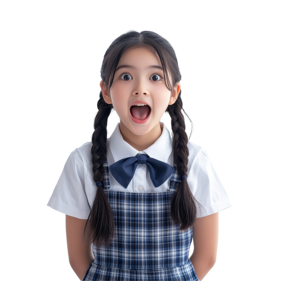 Surprised student girl in school uniform joyfully expresses excitement in a bright classroom setting, Surprise Happy Asian student girl in school uniform isolated transparent background png