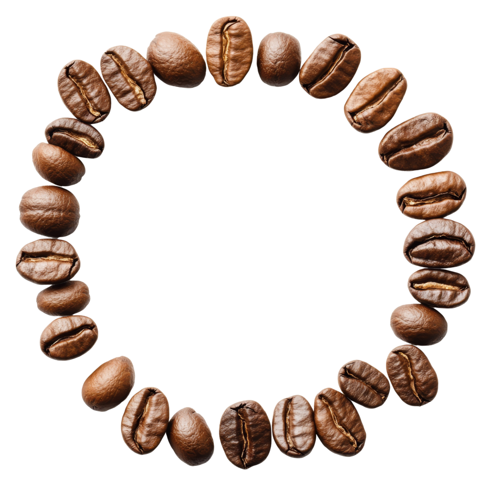 Coffee beans arranged in a round pattern with a blank center against a transparent backdrop, perfect for design and creativity, Coffee beans with round copyspace against transparent background png