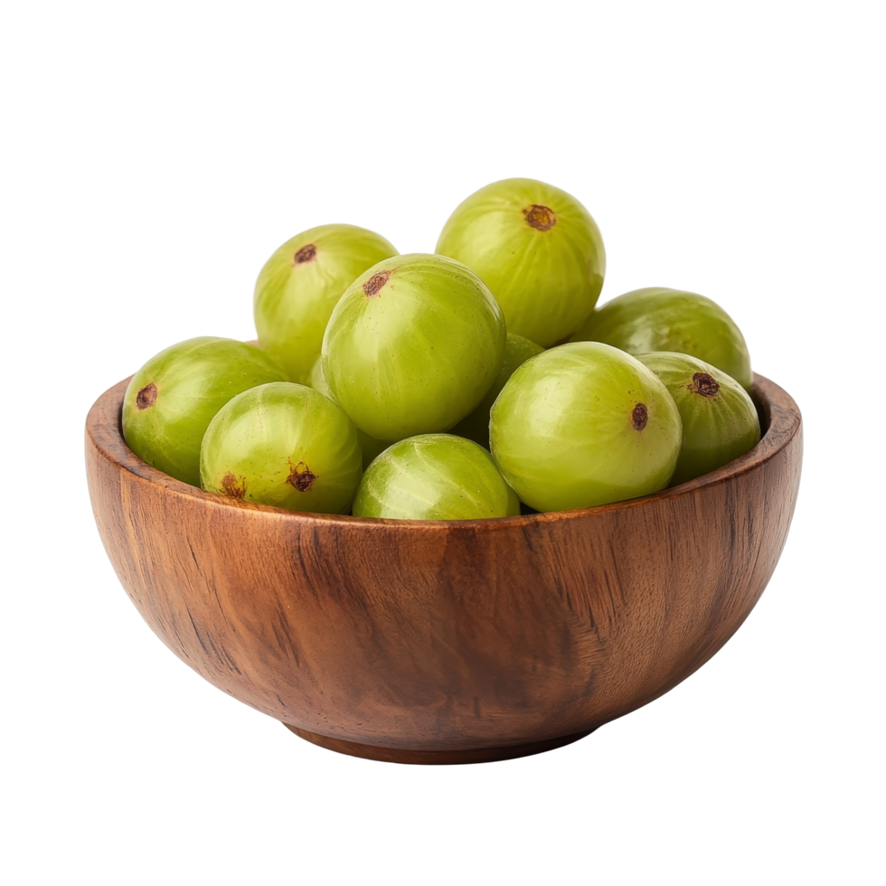 Fresh Indian gooseberries presented in a wooden bowl against a transparent background, Indian gooseberry in wood bowl on transparent background png