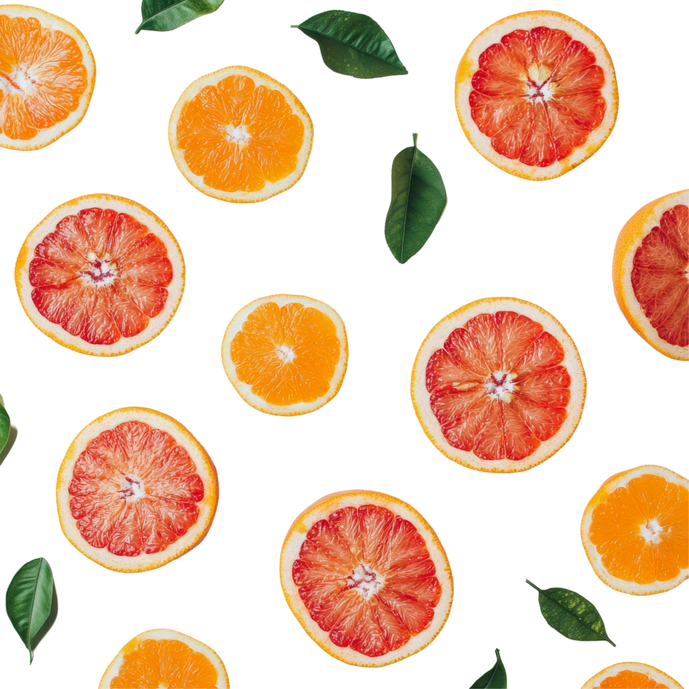 Freshly sliced grapefruit with vibrant citrus segments and green leaves on a transparent background, grapefruit citrus fruit on transparent background png