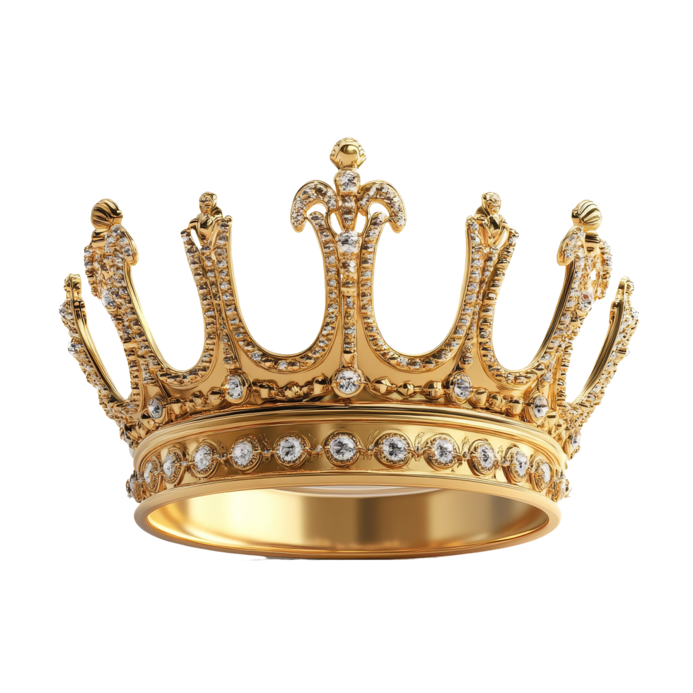 A detailed golden crown adorned with jewels isolated on a clean transparent background for elegant display, golden crown isolated on transparent png