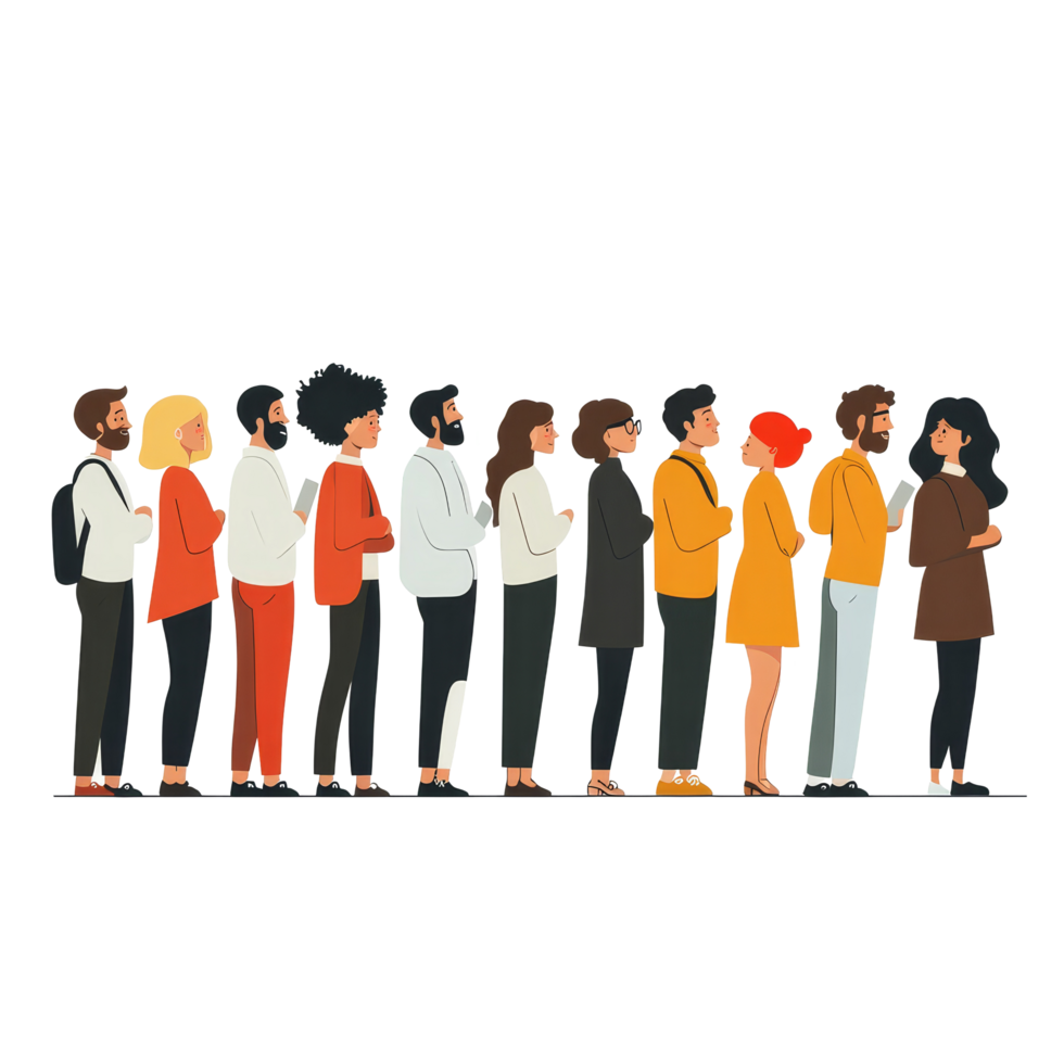 Diverse individuals patiently waiting in line, showcasing unity and inclusion in a contemporary setting, file no background Diverse people waiting patiently in line png