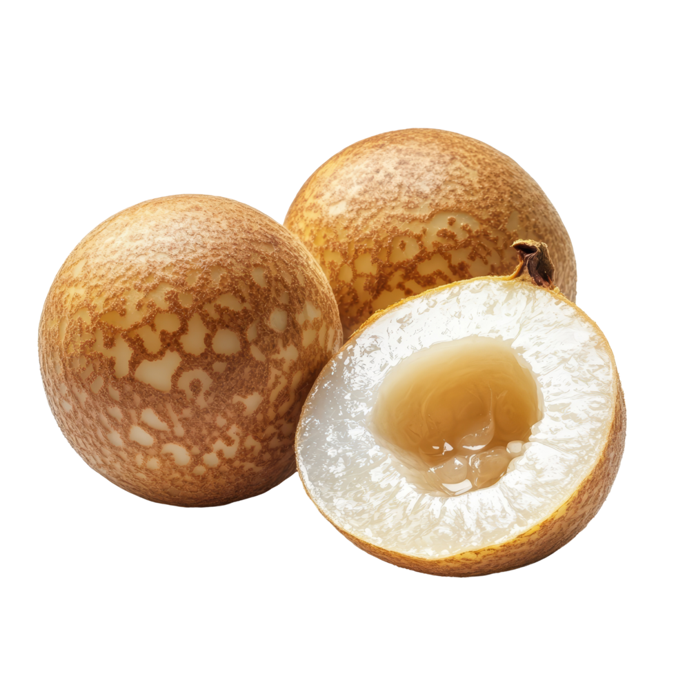 Half longan fruit isolated on a transparent background showcasing its unique texture and translucent flesh, Half longan isolated on trnsparent png