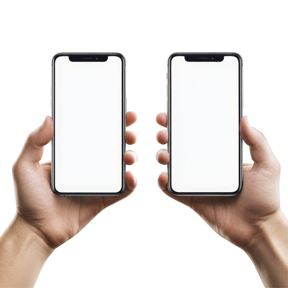 Hands holding two smartphones in Berlin, Germany during January with a minimalistic backdrop, Berlin Germany January 21 2025 Hands holding Iphone, smartphone screens mockups isolated on transparent png