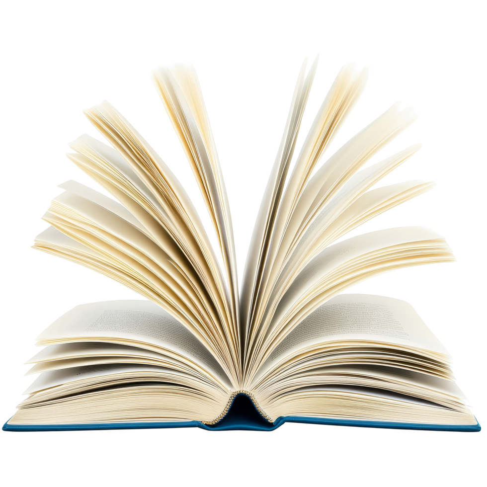 An open book with abstract pages turning, showcasing the beauty of literature and imagination, Open book with abstract turning pages isolated on transparent background png