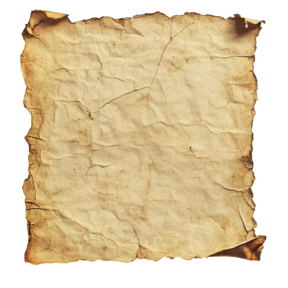 Antique parchment paper with a textured surface and faded edges for creative projects and historical documents, Vintage old parchment paper transparent background. Parchment paper transparent png