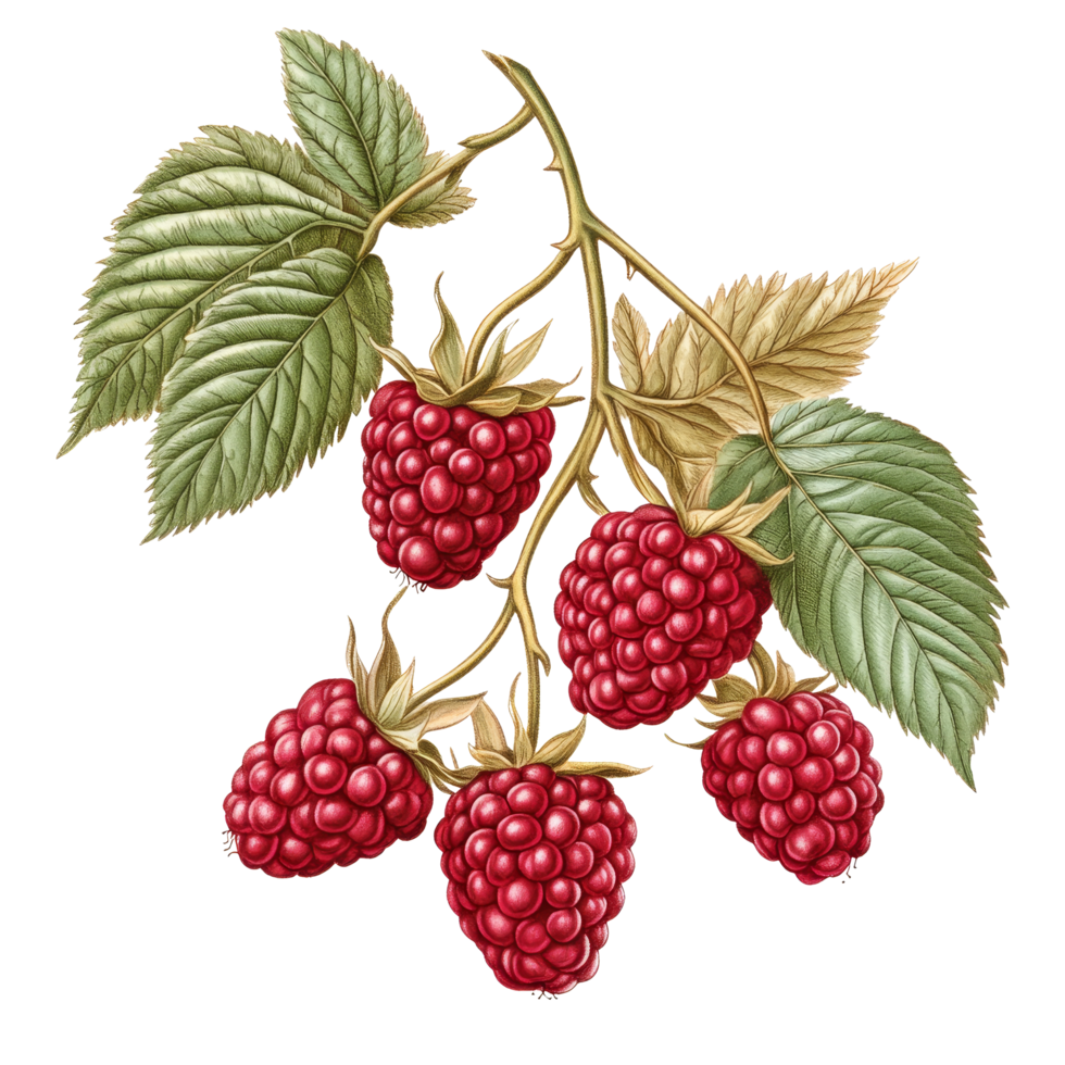 Ripe raspberries with green leaves isolated on a clean transparent background for botanical illustration, Raspberries Isolated on transparent background Old Botanical Illustration png