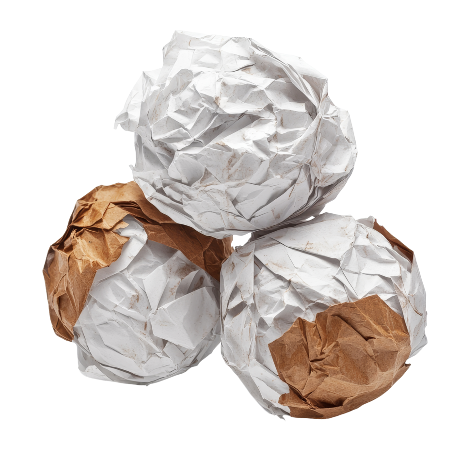 Crumpled transparent and brown paper balls isolated on a smooth surface, creating a textured and artistic composition, Crumpled Paper Balls, transparent and Brown, Isolated on transparent background png