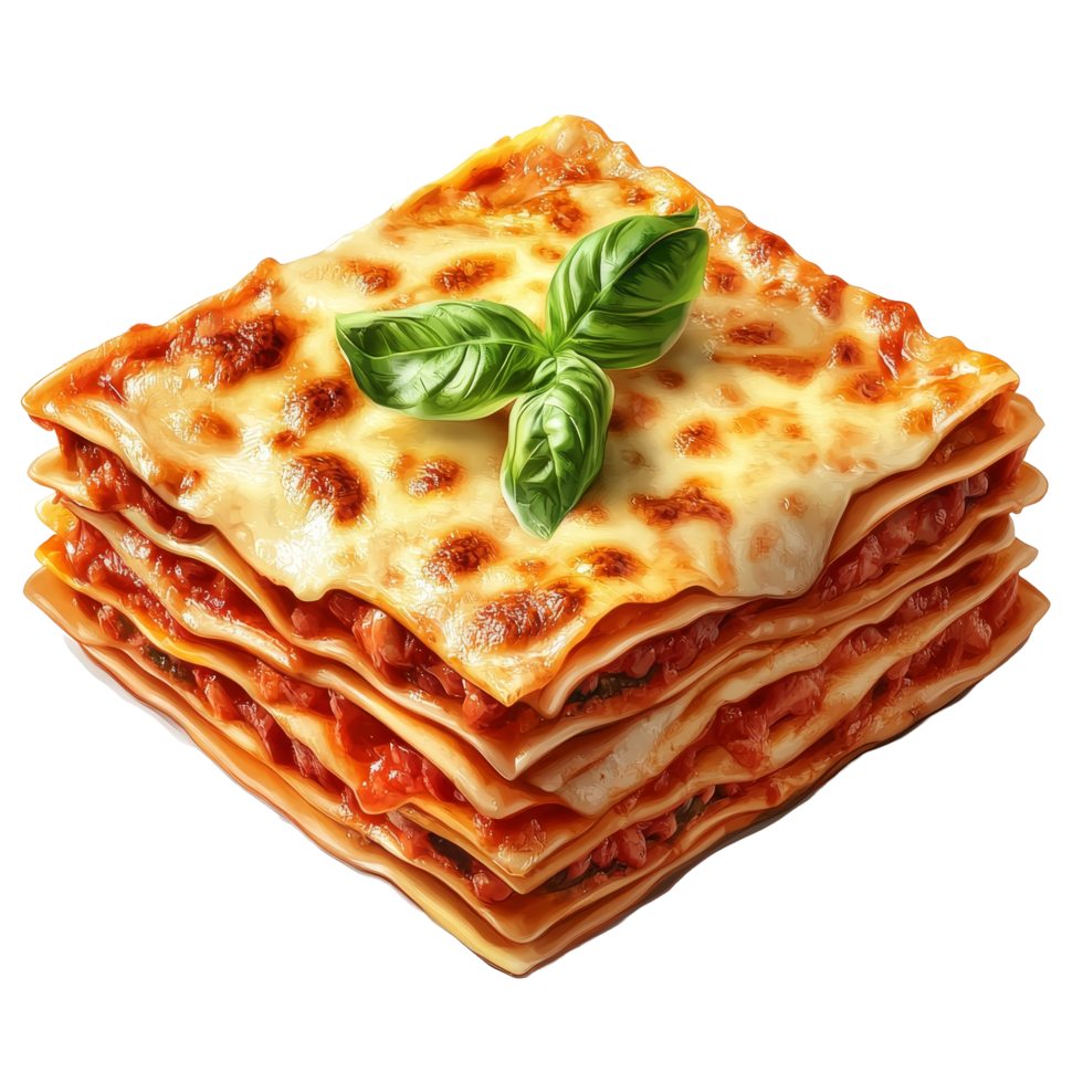 A tempting stack of lasagna garnished with fresh basil against a bright transparent background, Delicious lasagna on transparent background png