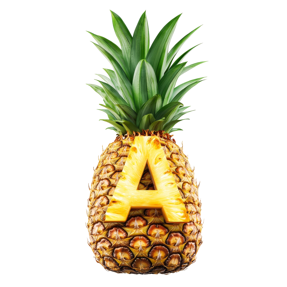 Pineapple with a letter A carved into its fruit, isolated against a transparent background, pineapple font view isolated on transparent background png